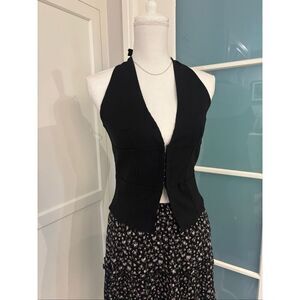 Women's Black Corset Style Open Tie Back Deep V-Neck Stretch Halter Top Large NE